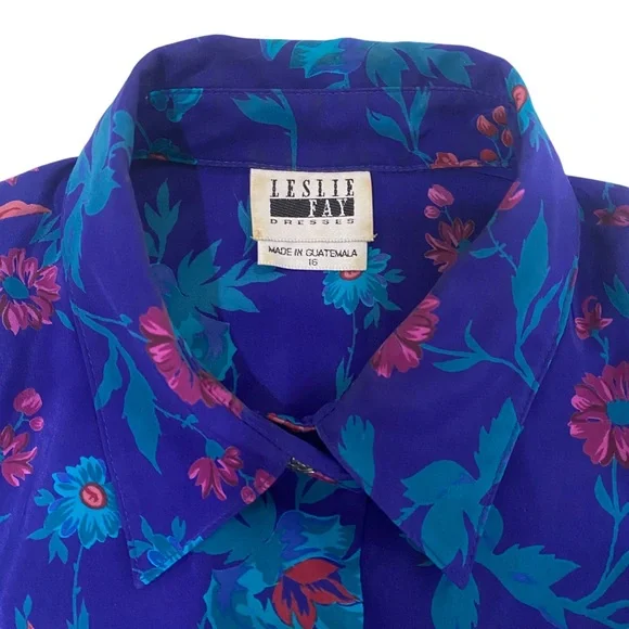 Vintage 1990s LESLIE FAY Floral Pleated retro Multicolored swing Dress sz 16 - Picture 10 of 11